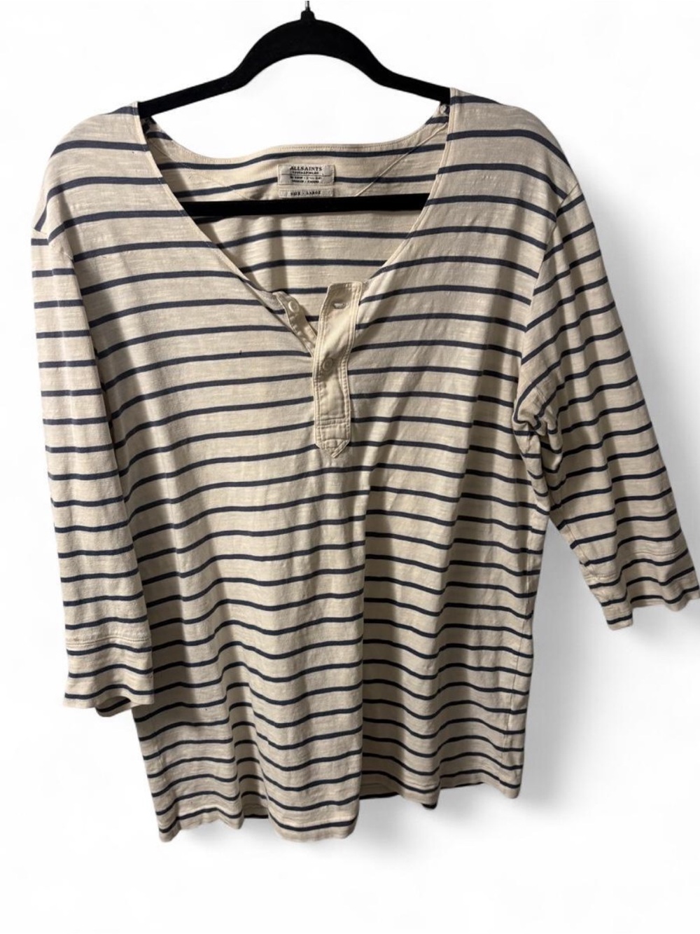 AllSaints Beige and Navy Striped Henley Long Sleeve Top